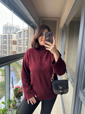 Bordo Dik Yaka Oversize Kazak 2326-Bordo