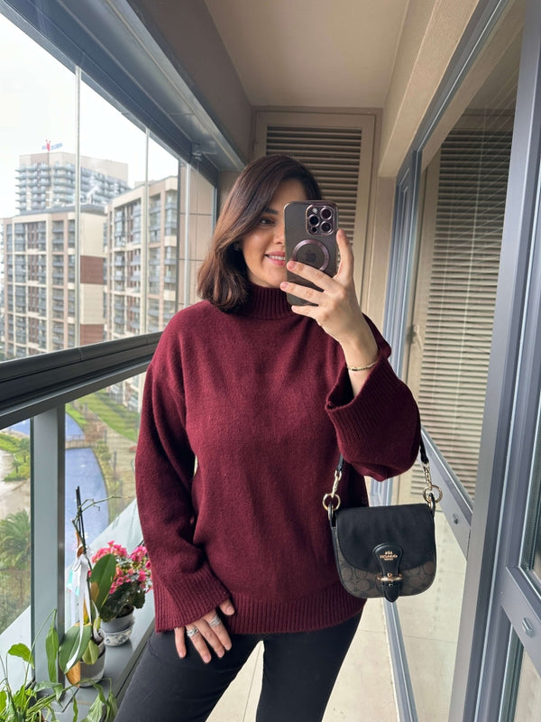 Bordo Dik Yaka Oversize Kazak 2326-Bordo