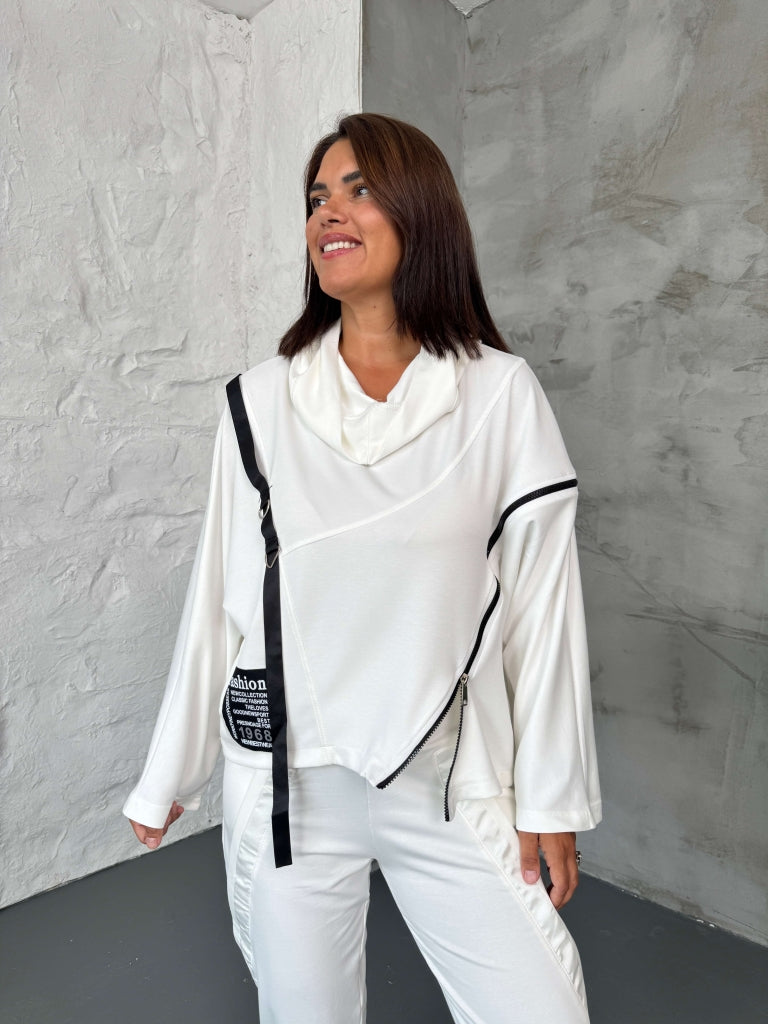 Beyaz Fermuar Detaylı Modal Sweat 29682-Beyaz