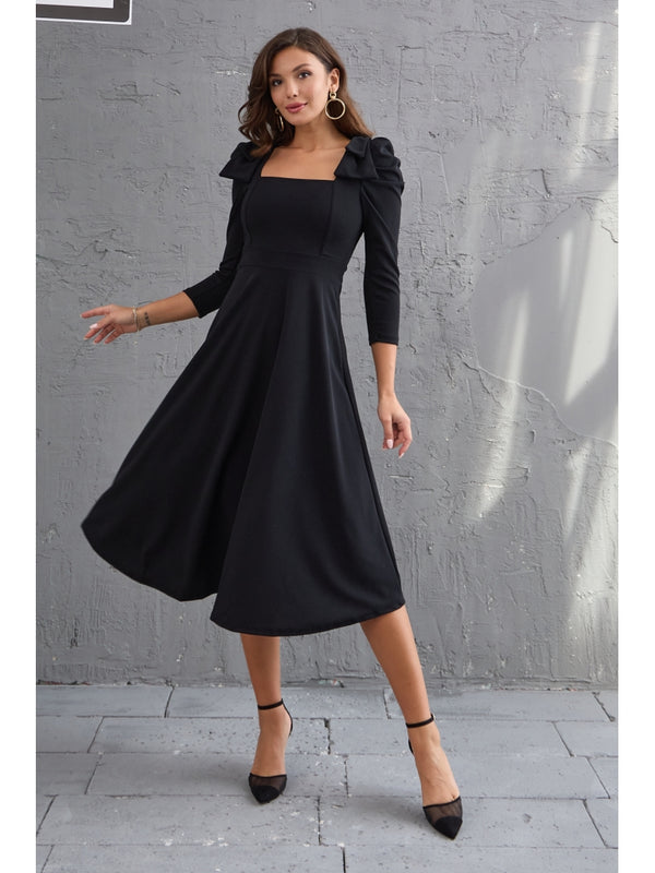 Siyah Kurdele Detaylı Kare Yaka Elbise 3567-Siyah