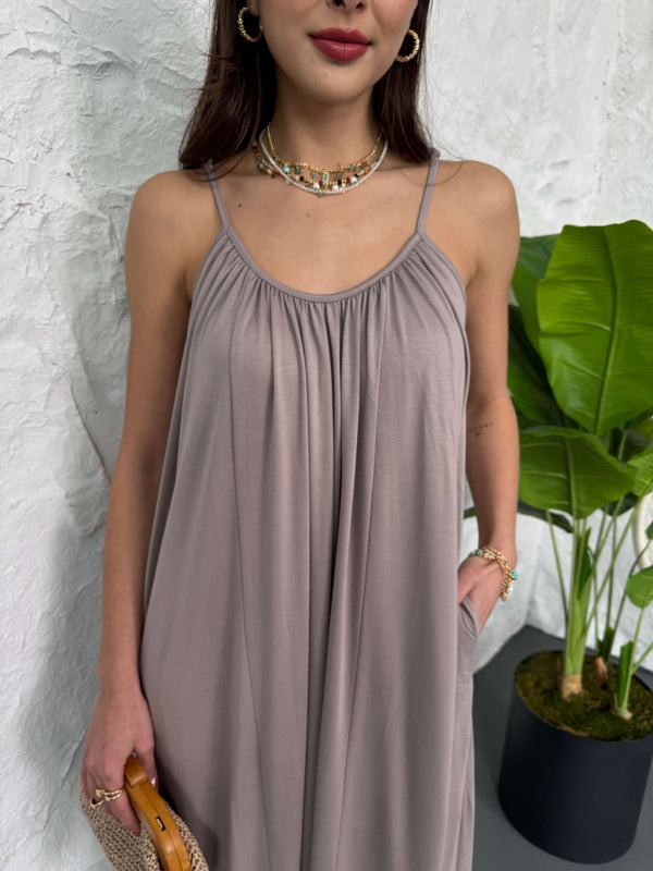 Premium Vizon Yaka Büzgülü Salaş Modal Elbise EY3224-Vizon