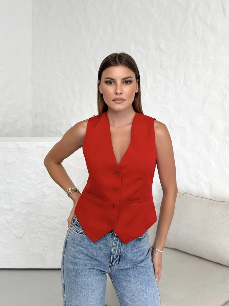 Kırmızı Dokuma Düğmeli Yelek YLK001-KIRMIZI