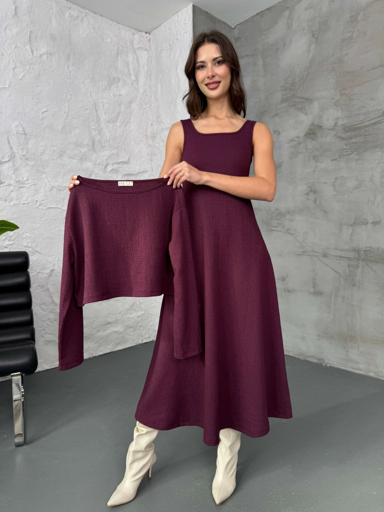 Mürdüm Bluzlu Elbise İkili Takım 7634-Mürdüm