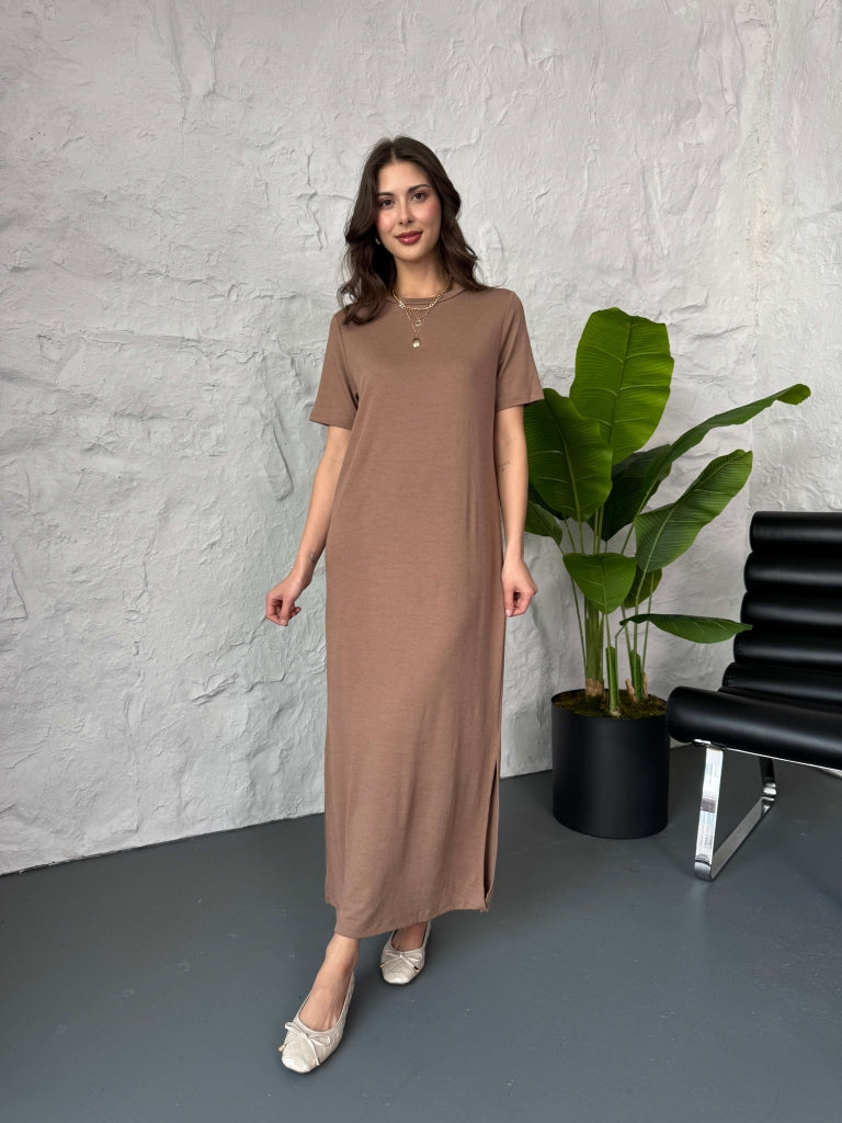 Kahve Kısa Kollu Petek Elbise 31443-KAHVE