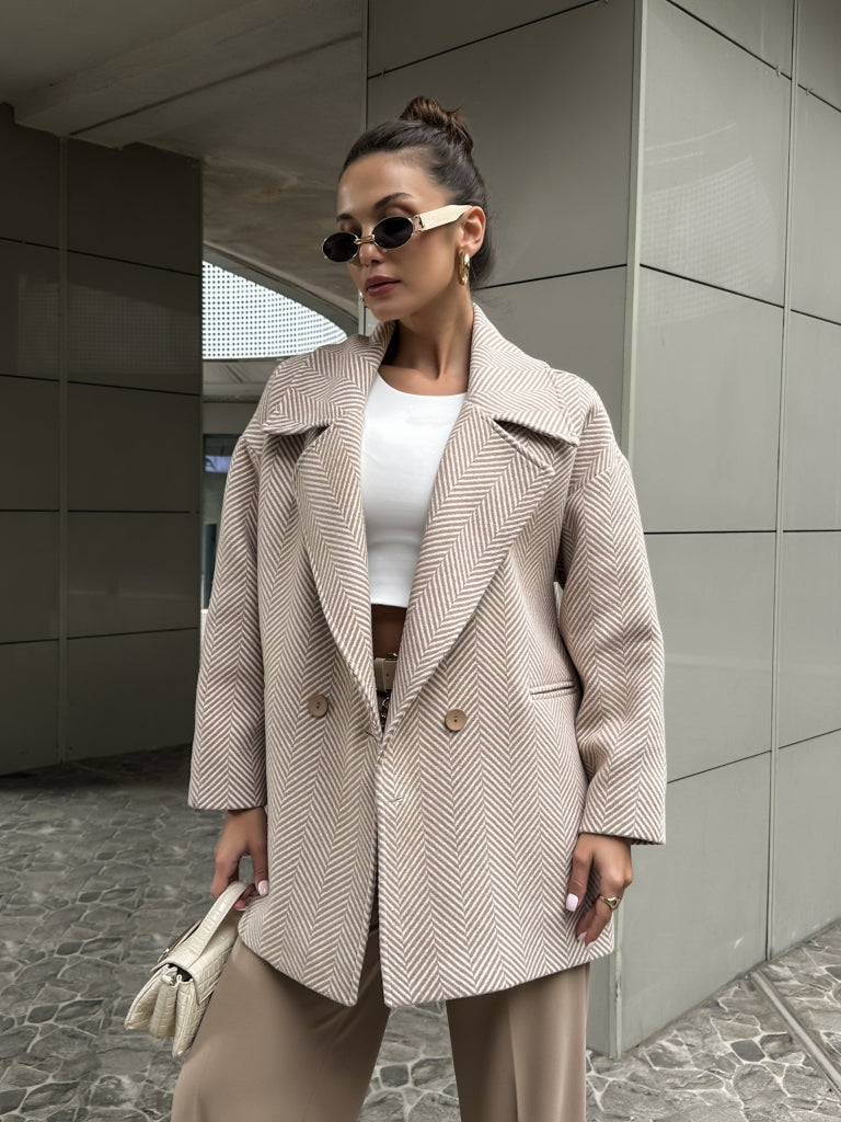 Camel Balık Sırtı Oversize Astarlı Kısa Kaban 9252-Camel