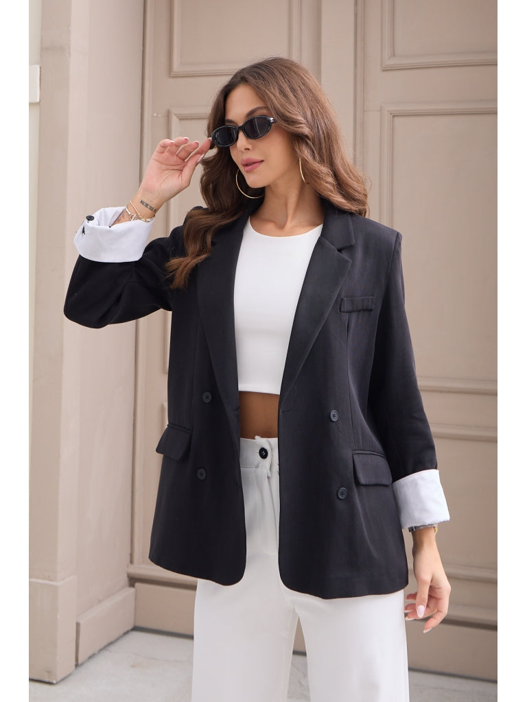 Siyah Kol Manşetli  Premium Tensel Modal Kumaş Ceket EY50143-Siyah