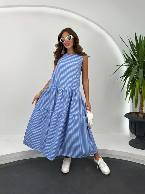 Mavi Çizgili Kat Kat Elbise 1420-MAVİ
