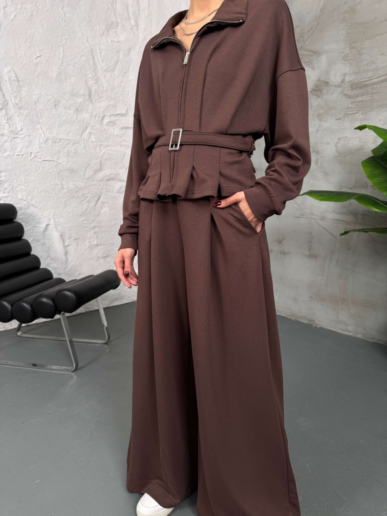 Kahverengi Beli Kemerli Modal Takım 4034-Kahverengi