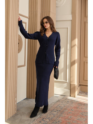 Lacivert Fitilli Hırka Etek Takım 5218-Lacivert