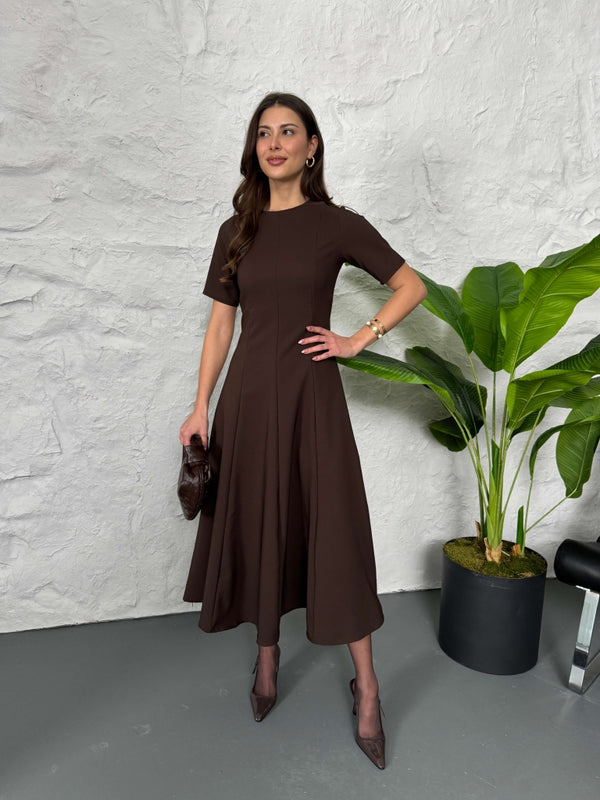 Kahve Maxi Boy Volanlı Elbise 3705-KAHVE