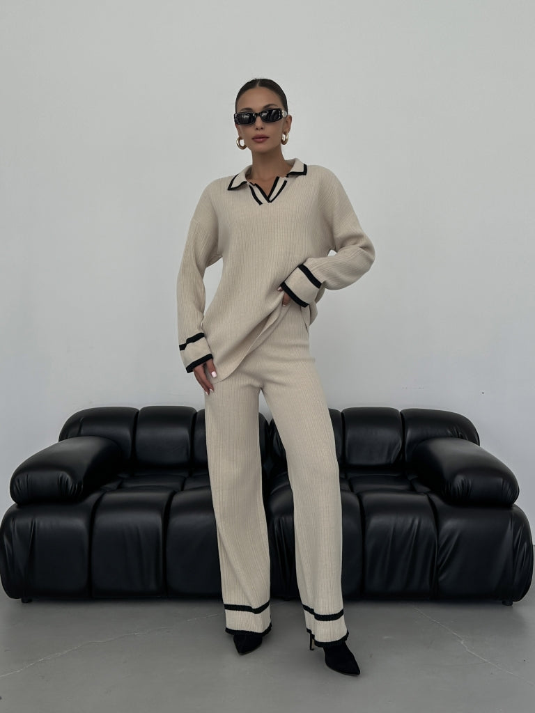 Taş Polo Yaka Çizgili Triko Takım 0282-TAŞ