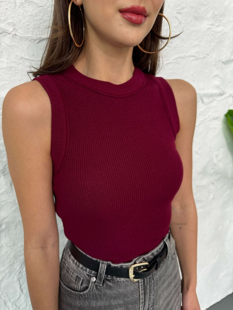 Bordo Merserize Sıfır Kol Bluz 5179-BORDO