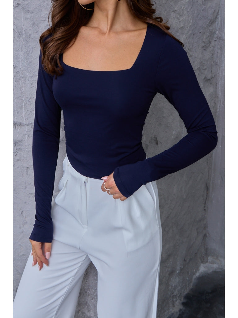 Lacivert Kare Yaka Crop Bluz 1375-Lacivert