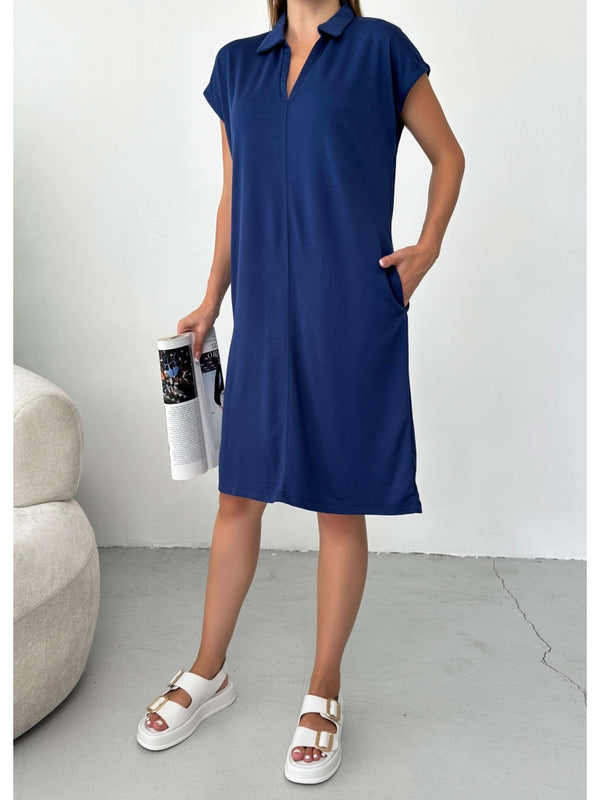 Premium Lacivert Polo Yaka Modal Elbise 0132-LACİ
