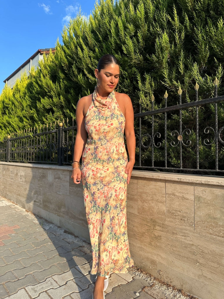 Sarı Degaje Yaka Şifon Elbise 250513