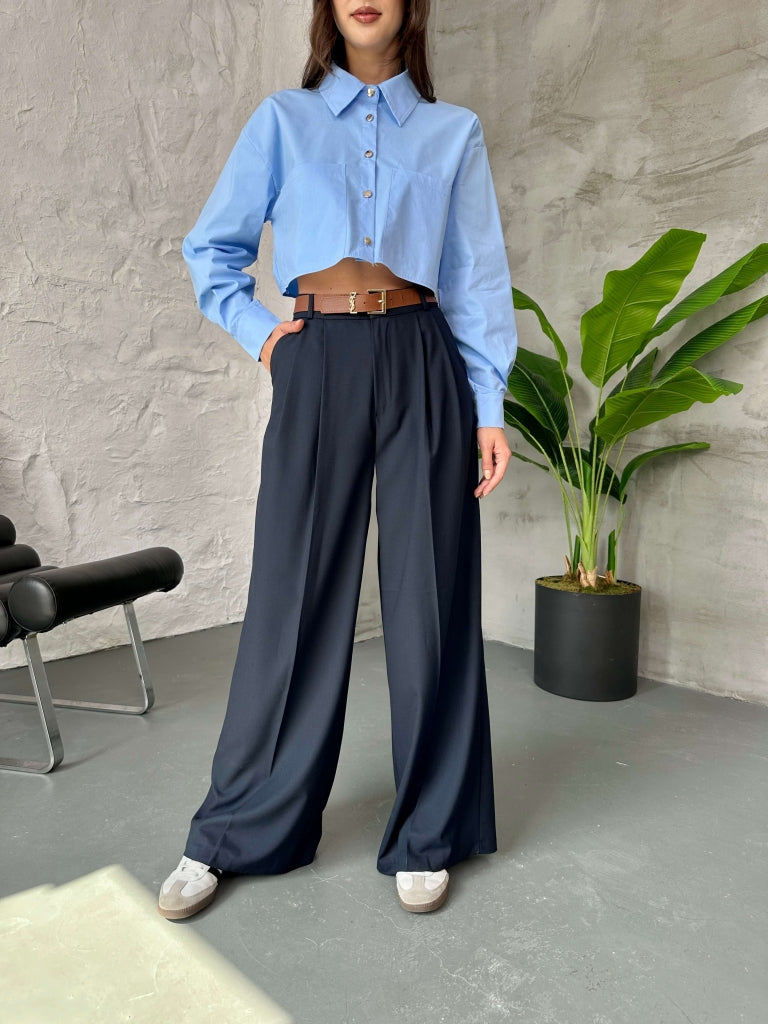 Lacivert Bel Pilili Palazzo Pantolon 50997-LACİVERT