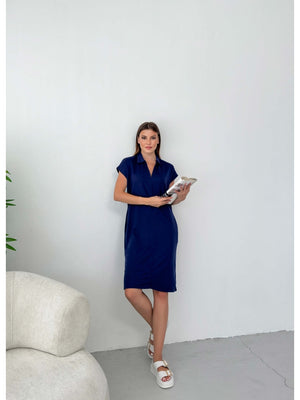 Premium Lacivert Polo Yaka Modal Elbise 0132-LACİ