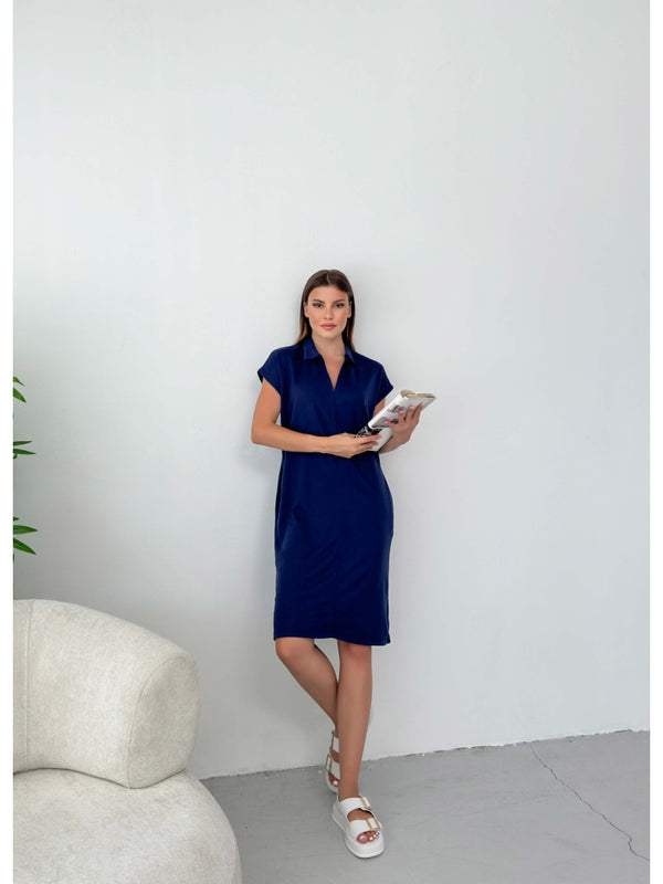 Premium Lacivert Polo Yaka Modal Elbise 0132-LACİ