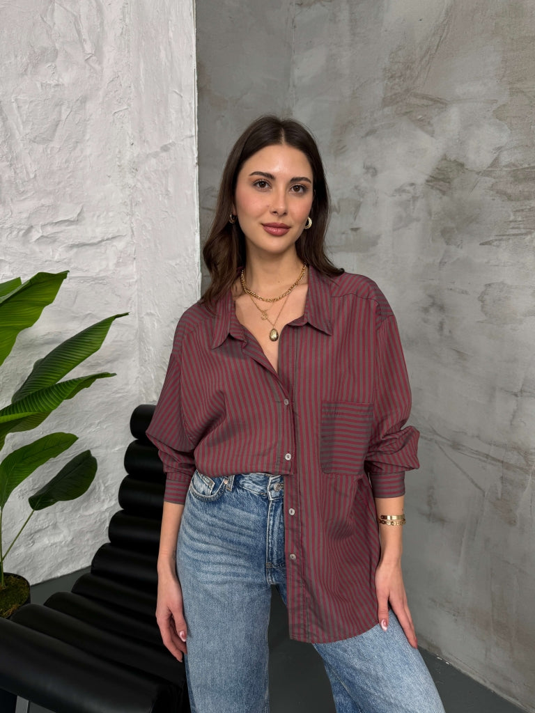 Bordo Gri Çizgili Oversize Gömlek 4940-Bordo Gri