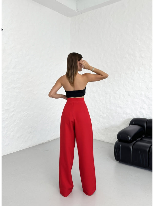 Kırmızı Beli Pileli Tasarım Pantolon EY-1121-Kırmızı
