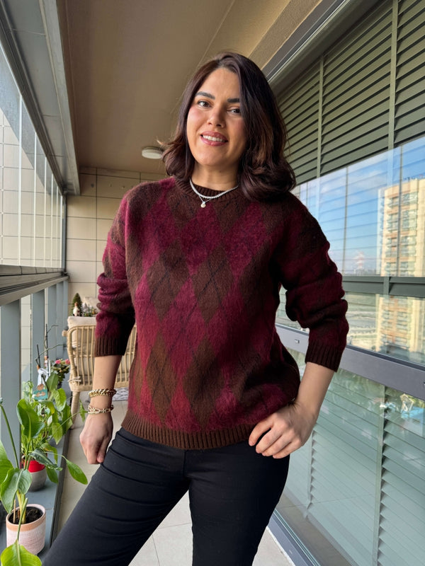 Bordo Kahverengi Baklava Desenli Kazak EY0088-Bordo Kahve