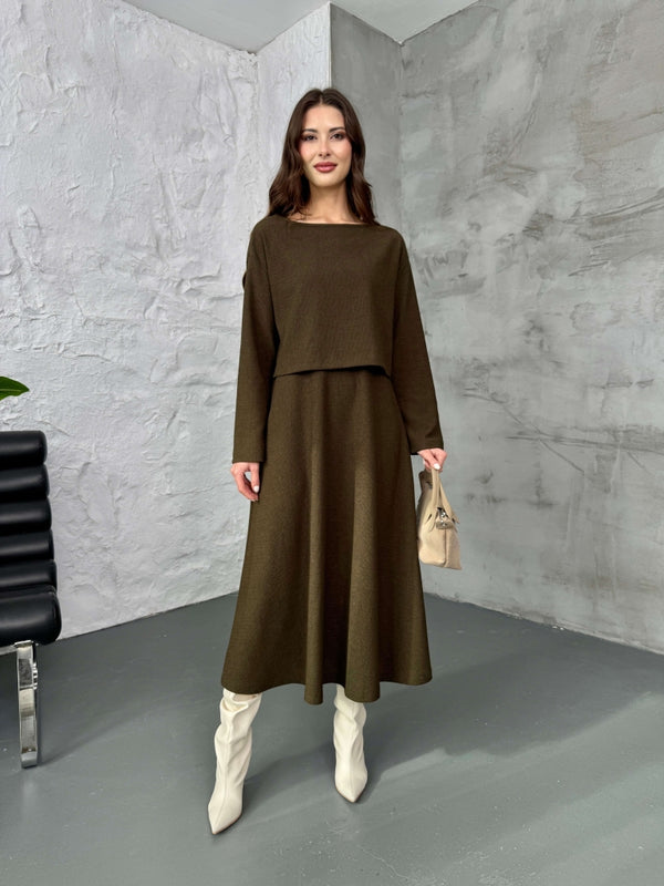 Haki Bluzlu Elbise İkili Takım 7634-Haki