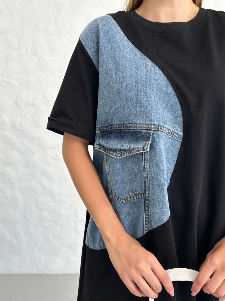 Siyah Jean Detaylı Tasarım Elbise EY-2586-Siyah