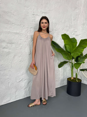 Premium Vizon Yaka Büzgülü Salaş Modal Elbise EY3224-Vizon