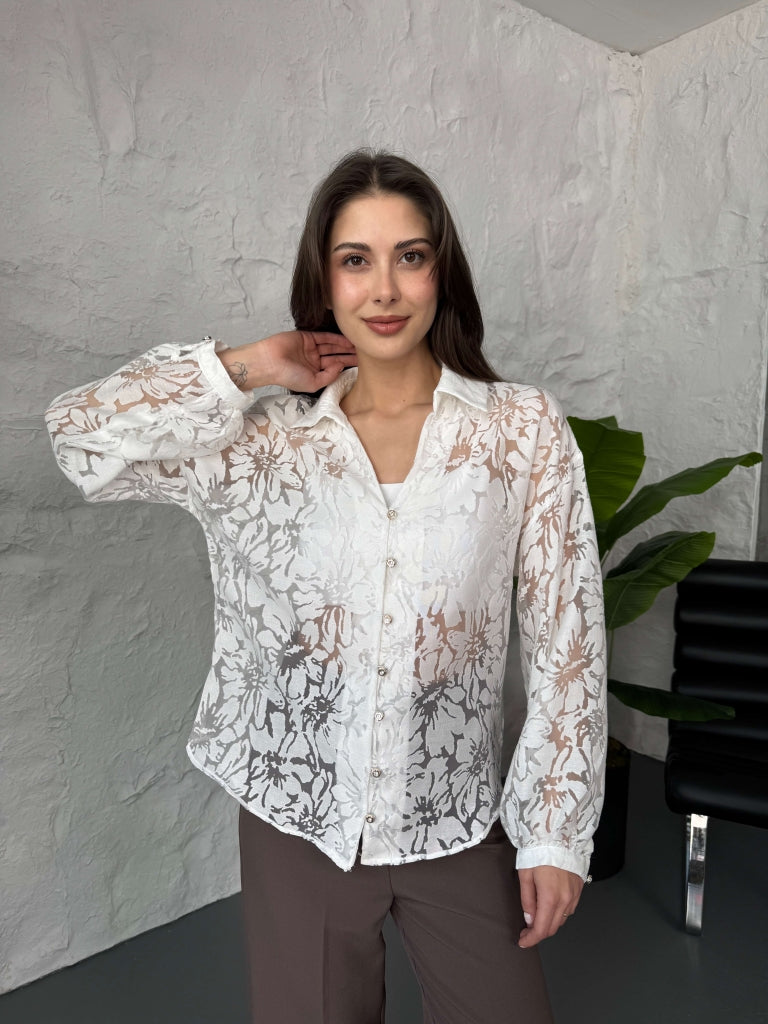 Beyaz Çiçekli Transparan Gömlek 60451-Beyaz