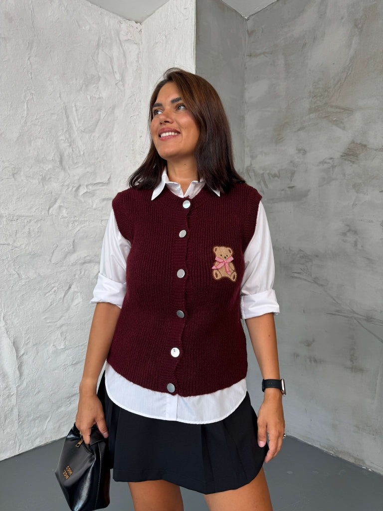 Mürdüm Teddy Nakışlı Süveter 2467-MÜRDÜM