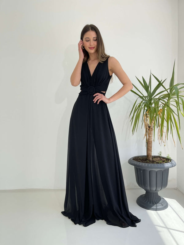 Siyah Kemer Detaylı Abiye Tulum 1300-Siyah