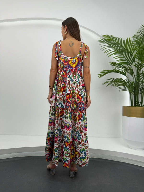 Karışık Renkli Bağlama Askılı Elbise 1397-RENKLİ