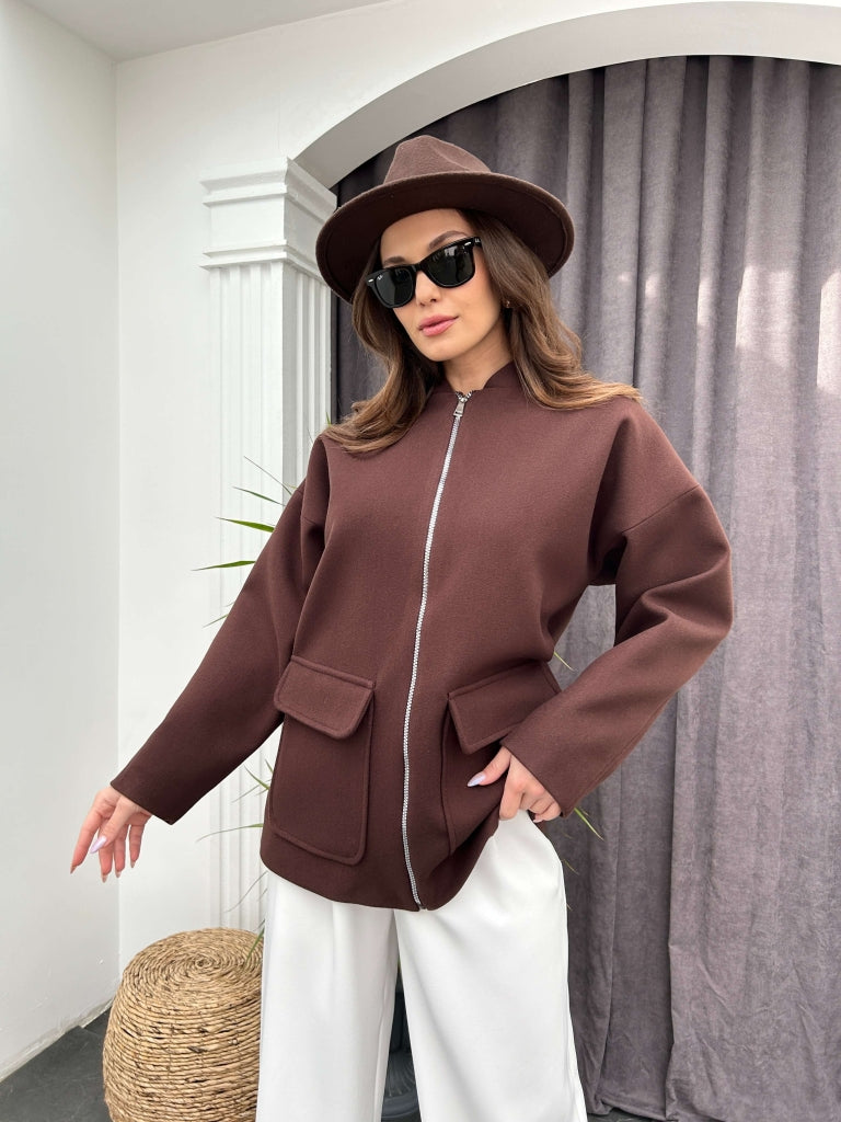 Kahve Fermuarlı Kaşe Mont 50104-Kahve