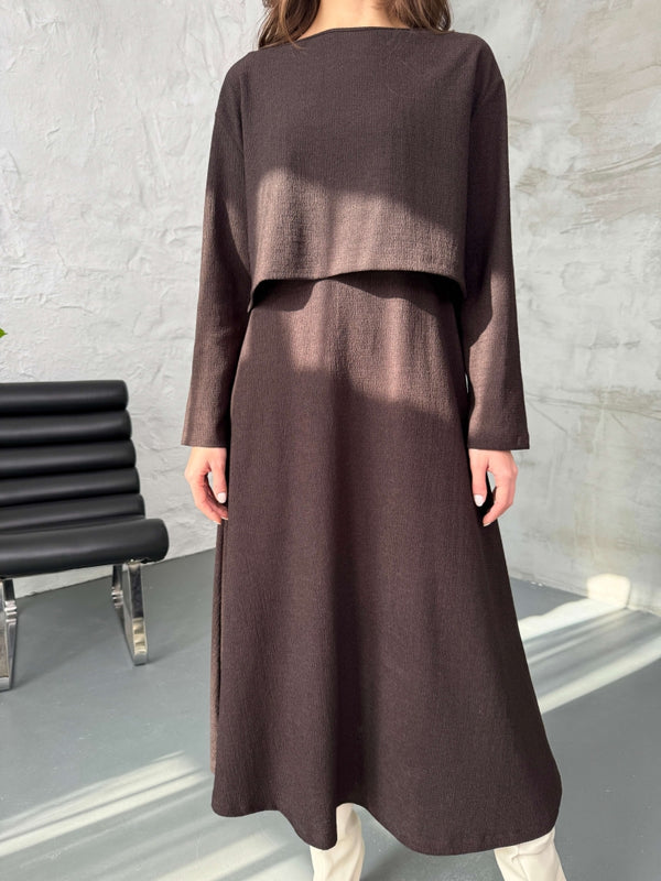 Kahve Bluzlu Elbise İkili Takım 7634-Kahve