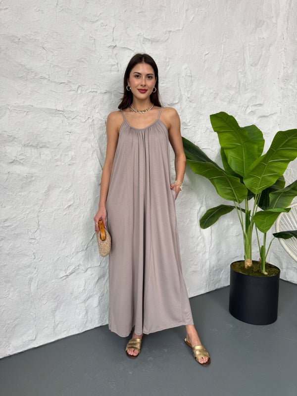 Premium Vizon Yaka Büzgülü Salaş Modal Elbise EY3224-Vizon