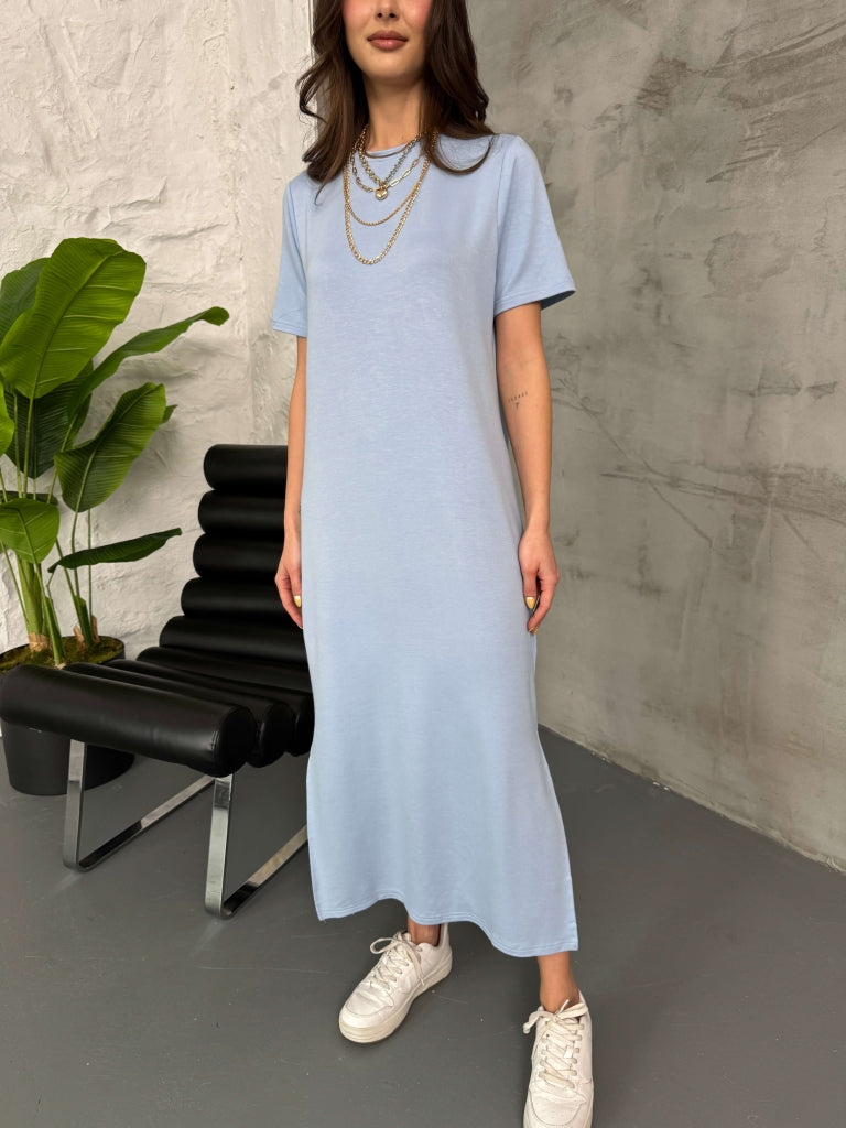 Bebe Mavi Yırtmaçlı Salaş Modal Elbise 0116-Bebe Mavi