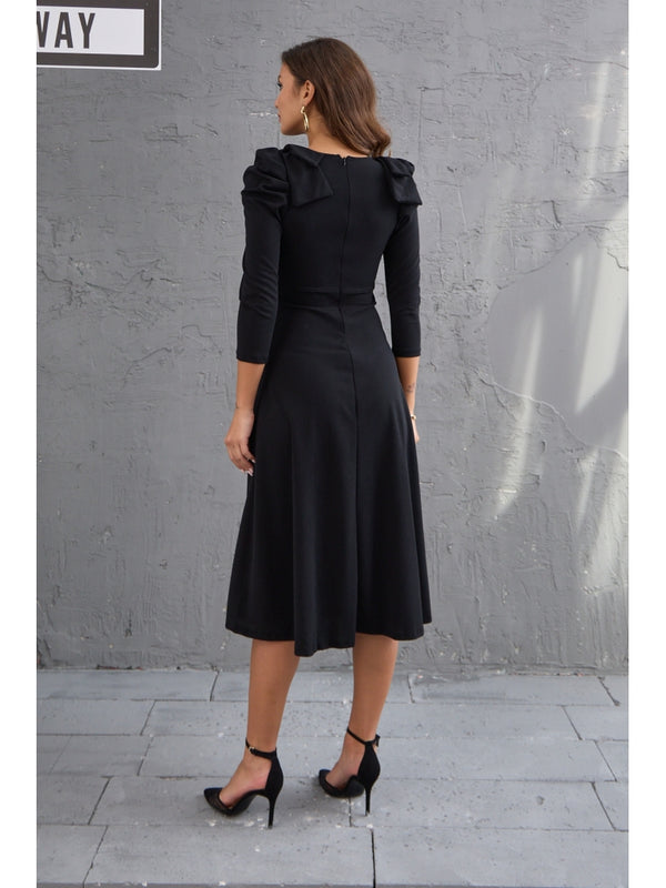 Siyah Kurdele Detaylı Kare Yaka Elbise 3567-Siyah