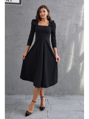 Siyah Kurdele Detaylı Kare Yaka Elbise 3567-Siyah