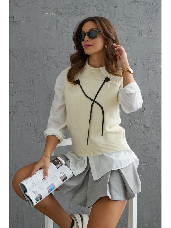 Ekru Keten Çiçek Detaylı Süveter 2201-EKRU