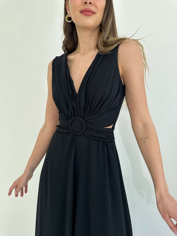 Siyah Kemer Detaylı Abiye Tulum 1300-Siyah