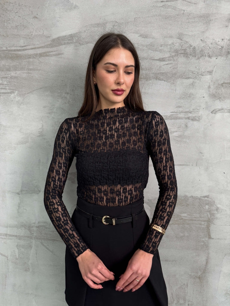 Siyah Dantelli Transparan Bluz 29710-Siyah