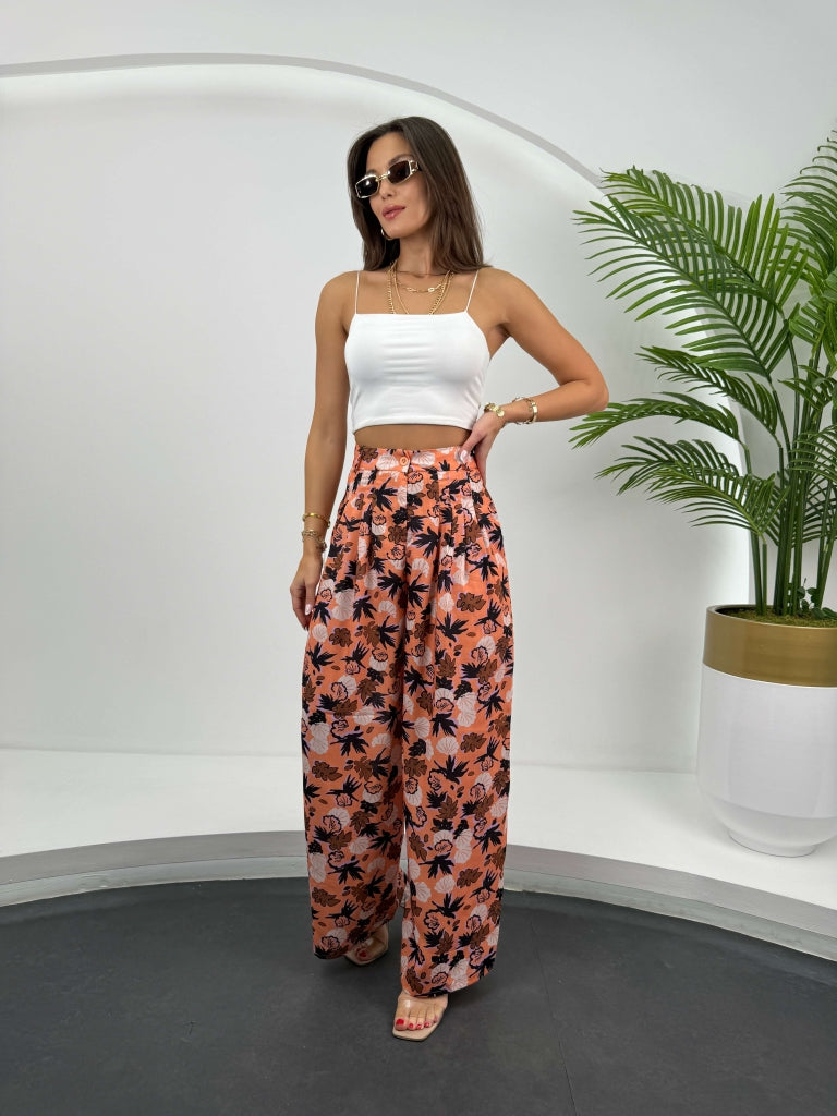 Orange Yaprak Desenli Keten Salaş Pantolon 1349-ORANGE