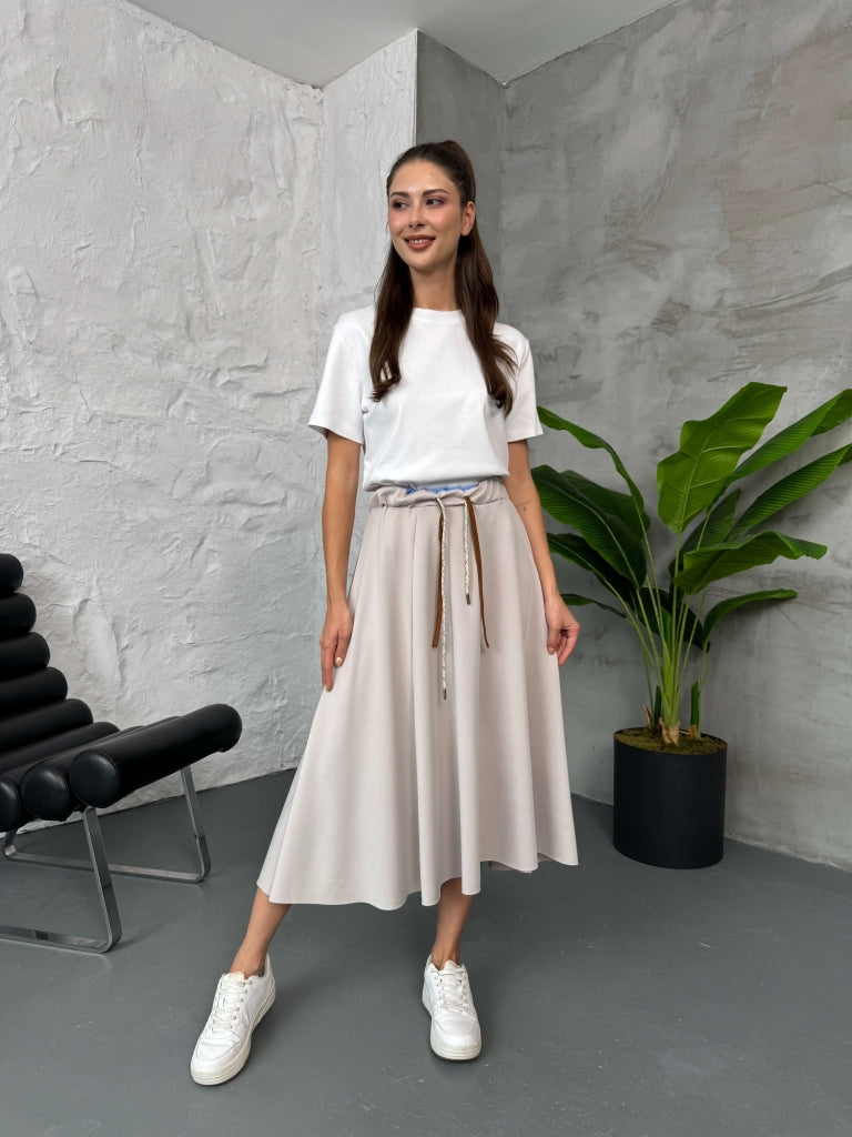 Taş Lüx Dokulu Modal Kloş Etek 3005-Taş