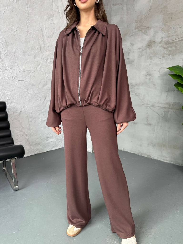 Kahverengi Bomber Fermuarlı Modal Takım 4049-Kahve