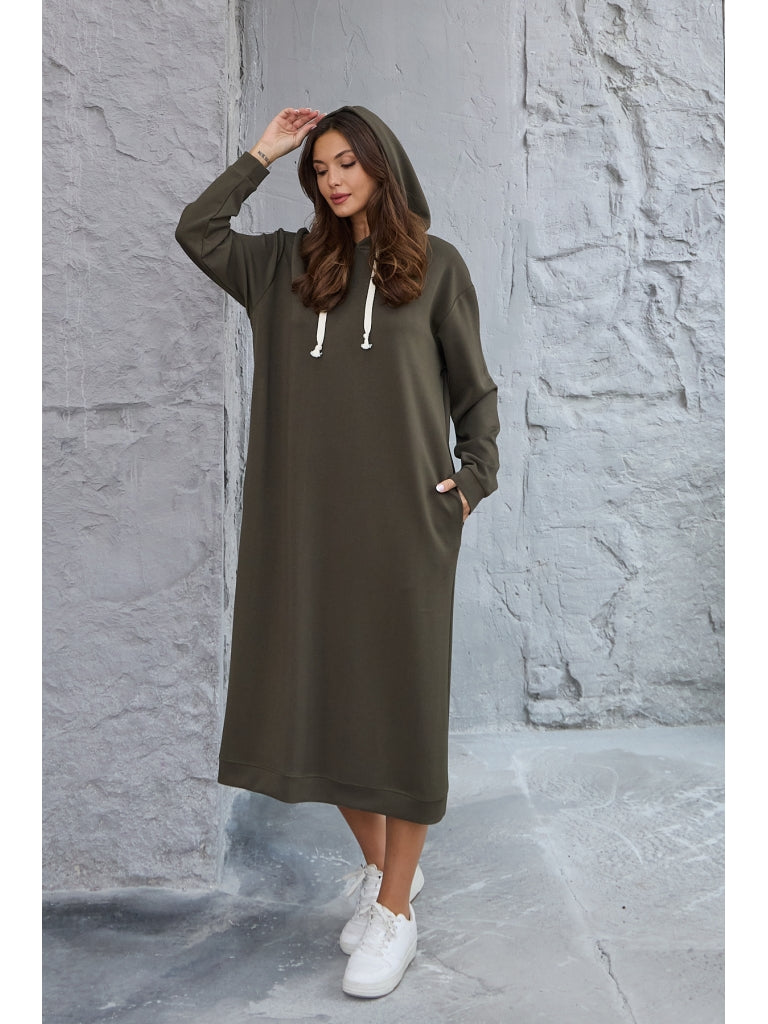 Haki Kapşonlu Modal Elbise 8074-HAKİ