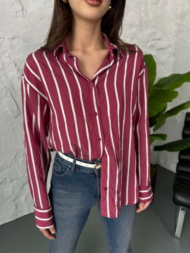 Bordo Beyaz Çizgili Gömlek 3005-Bordo Beyaz