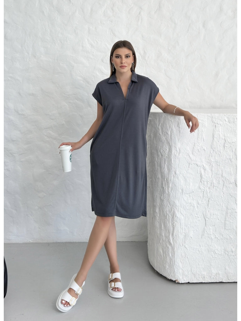 Premium Antrasit Polo Yaka Modal Elbise 0132-ANTRASİT