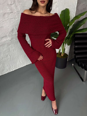 Bordo Madonna Yaka Dokulu Triko Elbise EY0005-BORDO