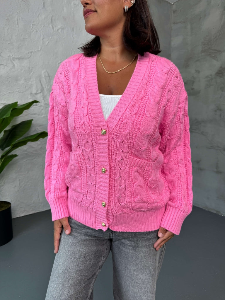 Pembe Saç Örgülü Cepli Hırka 2404-Pembe
