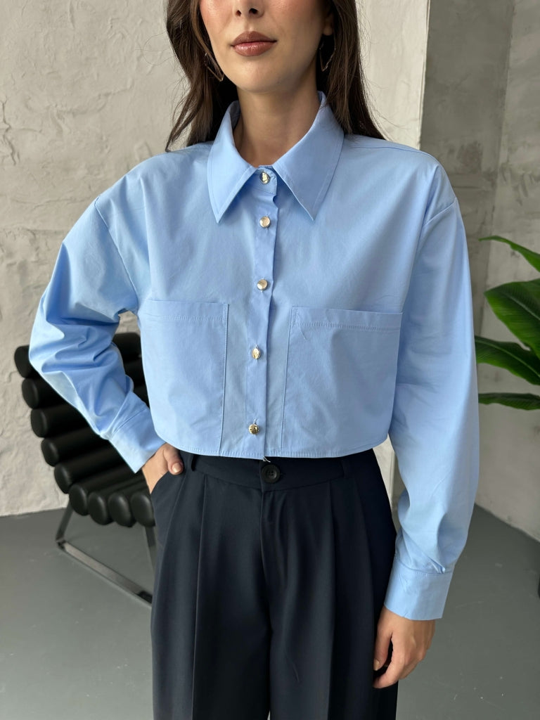 Bebe Mavi Cep Detaylı Kısa Gömlek 29431-Bebe Mavi